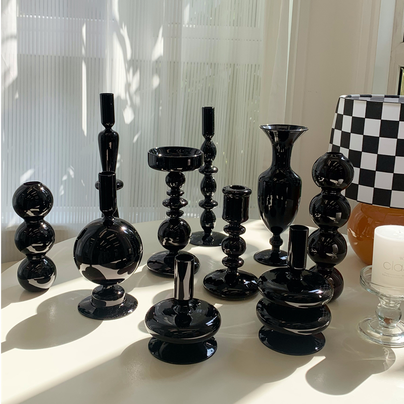 黑色玻璃烛台摆件 ins北欧风轻奢家用蜡烛台客厅桌面高级感装饰品