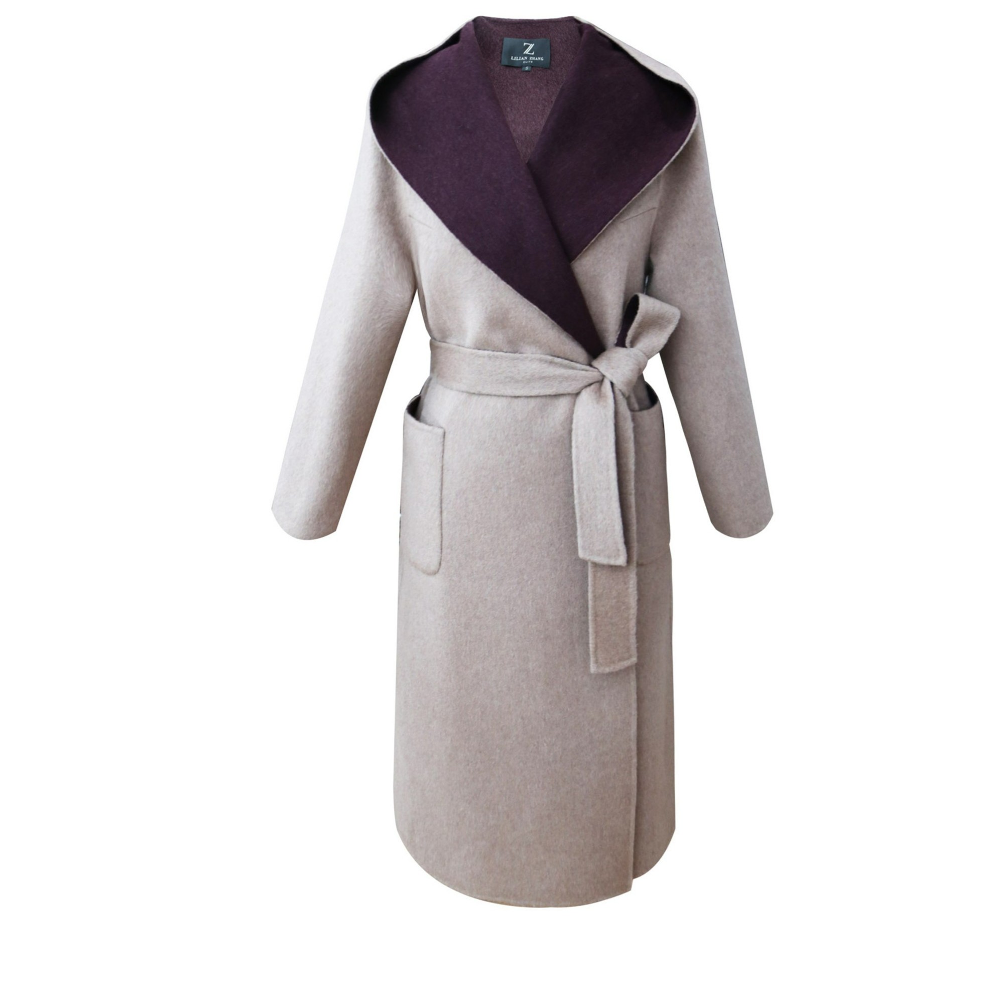 双面绒连帽大衣 - 通勤百搭宽松系带秋冬双面呢长款外套 1806006