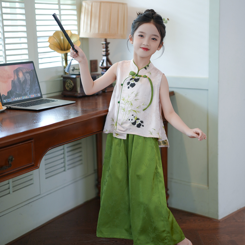 53546儿童夏季汉服套装国风2025新款女童改良旗袍上衣裤子两件套