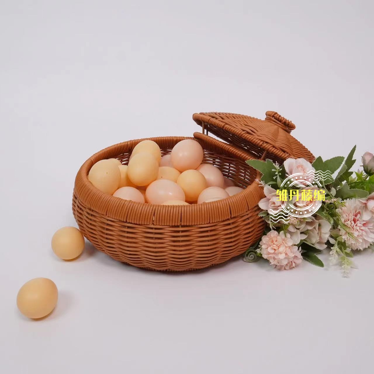 J03仿藤鸡蛋收纳篮零食篮水果收纳篮27X24X15客厅家用创意藤编