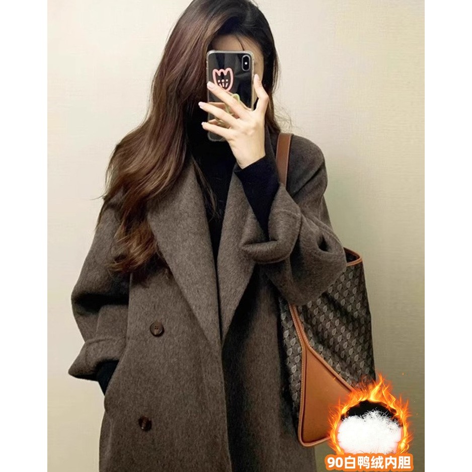 美拉德羽绒内胆加厚呢子大衣女中长款秋冬高级感双面保暖毛呢外套