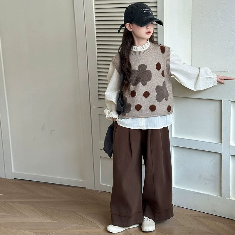 女童春秋季三件套2025新款洋气女大童韩系圆点针织马甲衬衣阔腿裤