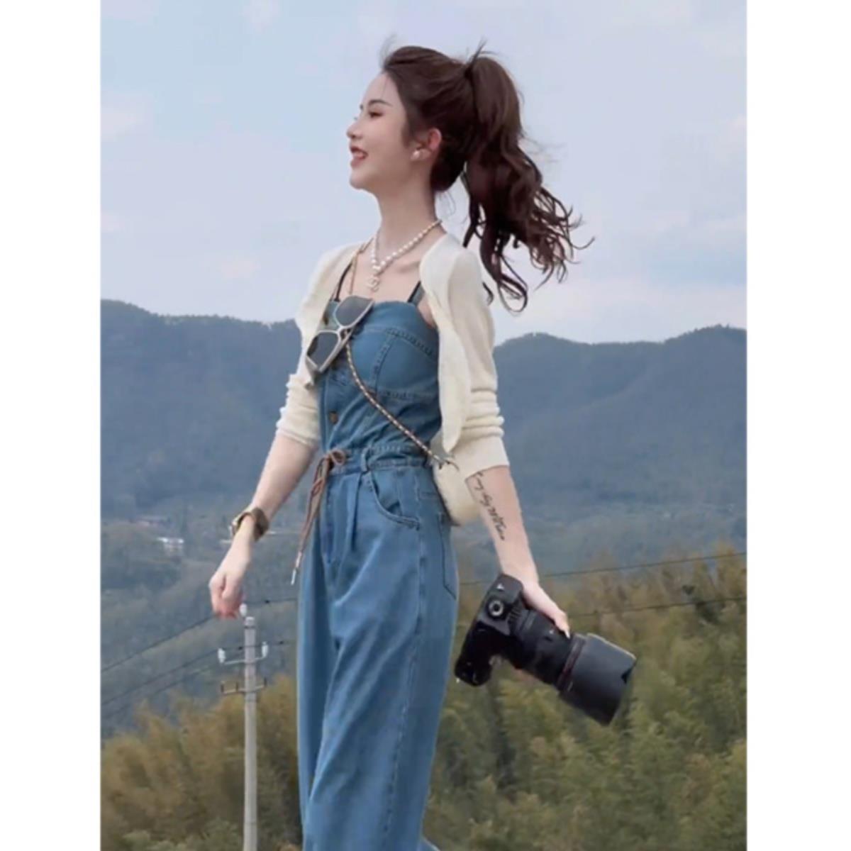 复古洋气牛仔吊带连体裤女设计感显瘦阔腿长裤2024夏季女装连衣裤