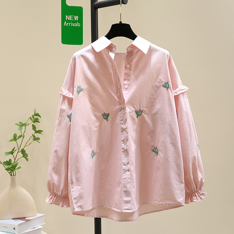 大版春秋高级感刺绣仙人掌长袖衬衫上衣女大码宽松减龄百搭小衫潮