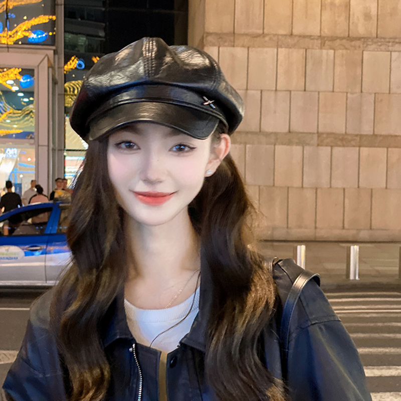 显脸小PU皮质八角帽女2024新款海军贝雷帽英伦复古报童帽子