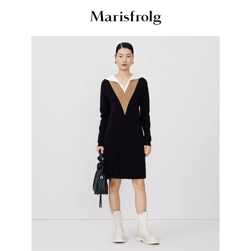 玛丝菲尔秋季黑色V领时尚气质连衣裙女A1BW3874M