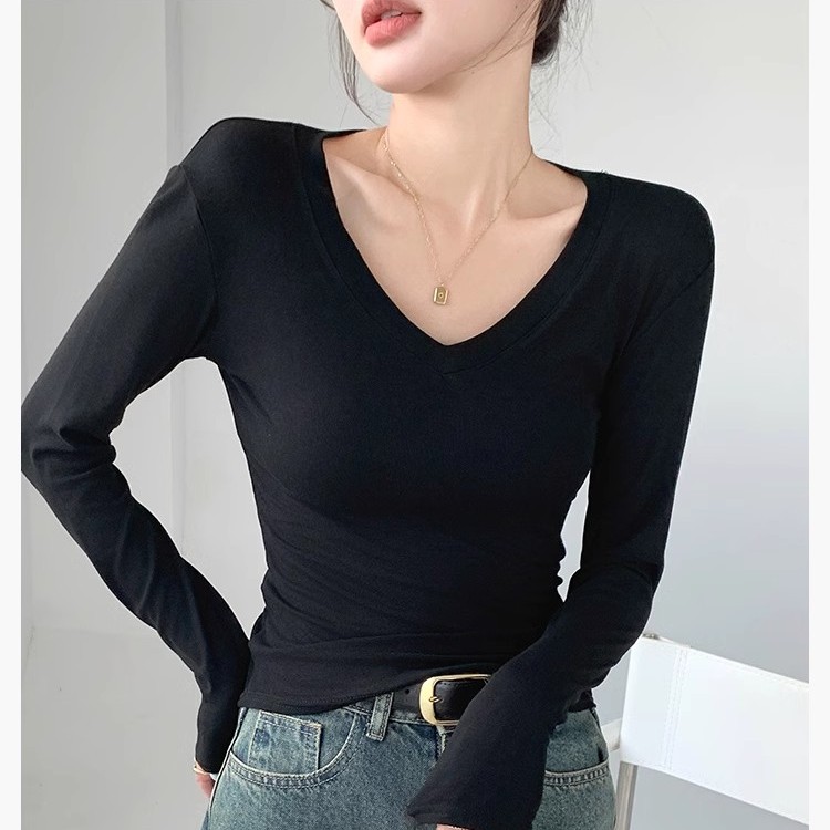 德绒V领打底衫女秋冬修身显瘦内搭辣妹正肩保暖加绒长袖上衣t恤