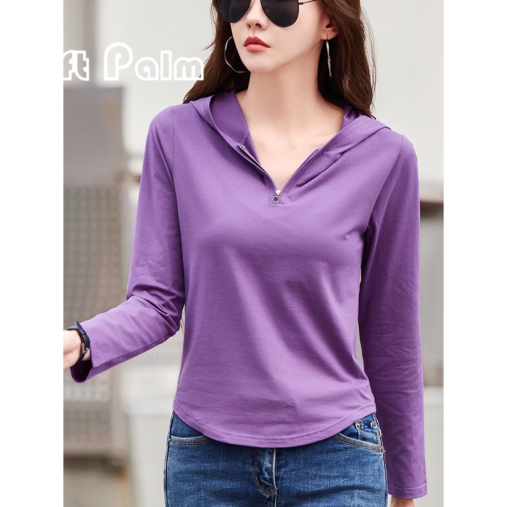 GiftPalm连帽长袖t恤女2024春新款宽松短款洋气时尚上衣打底薄款