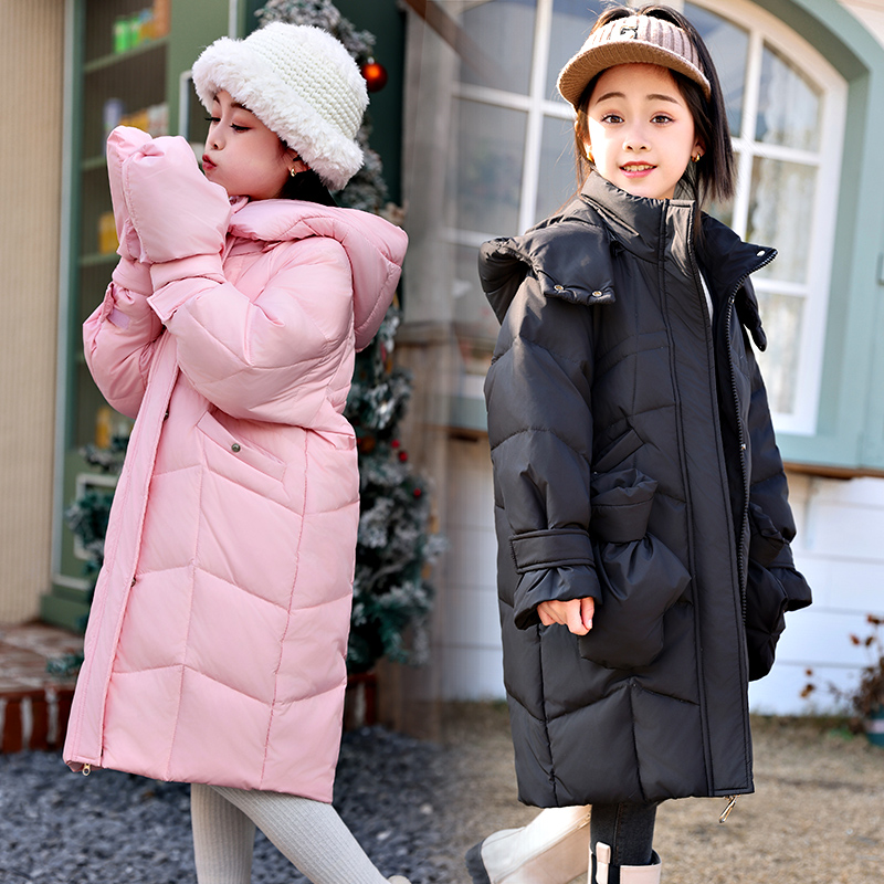 带手套儿童羽绒服长款过膝韩版洋气2024新款女童羽绒服冬季外套