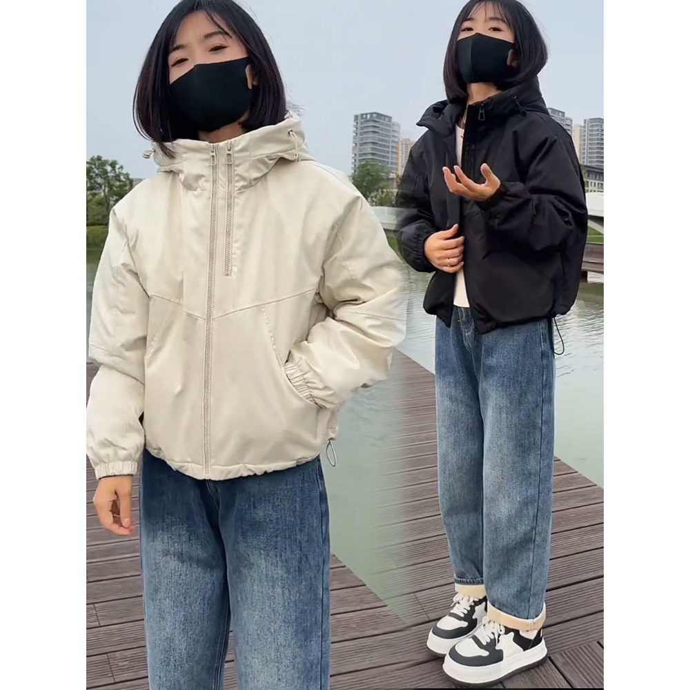 连帽小个子休闲加棉冲锋衣外套女2025秋季新款显瘦短款时尚棉服潮
