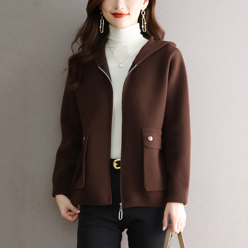 宽松休闲连帽外套女春秋显瘦洋气上衣2025年新款爆款时尚毛呢开衫