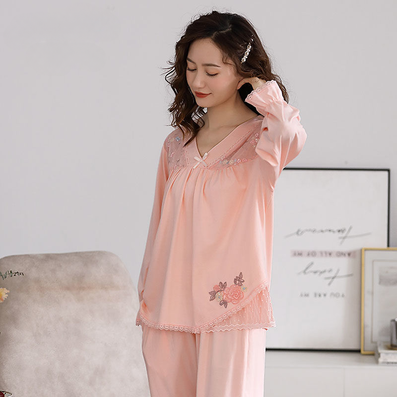 春秋季睡衣女士宽松长袖套装家居服棉加大码春夏款蕾丝睡衣