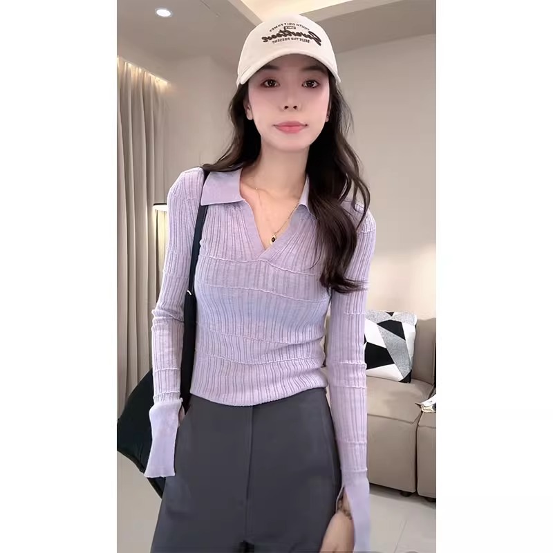 紫色长袖秋冬针织衫女2024初秋季新款修身翻领毛衣早秋打底上衣