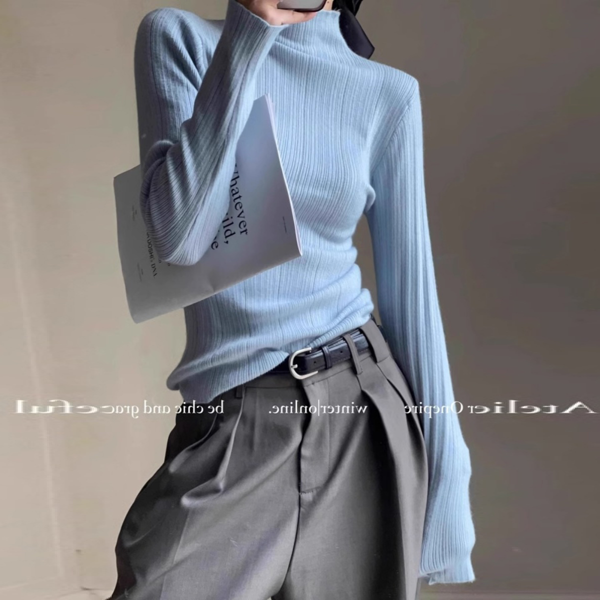 新款半高领针织打底衫女秋冬高级感修身洋气毛衣内搭茶里茶气上衣