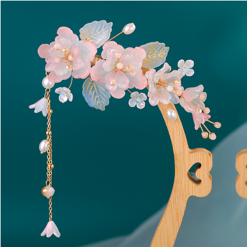 古风发夹琉璃花朵流苏汉服夹子头饰前额刘海侧边夹新中式花朵发卡