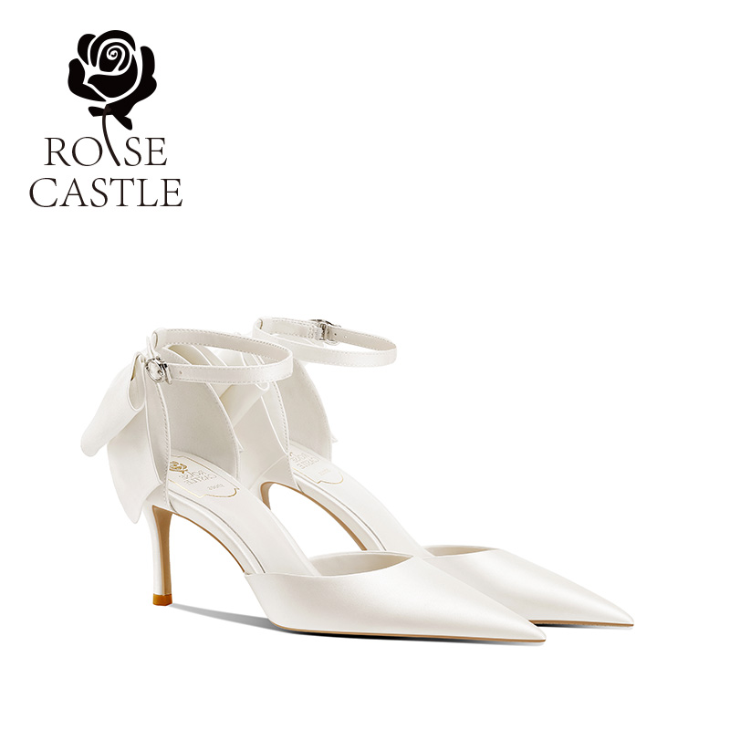 rose castle 婚宴鞋一字带不掉跟新娘鞋法式蝴蝶结白色高跟订婚鞋