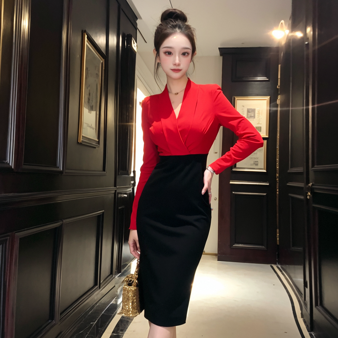 气质女神范性感包臀收腰名媛宴会秋冬长袖连衣裙4406