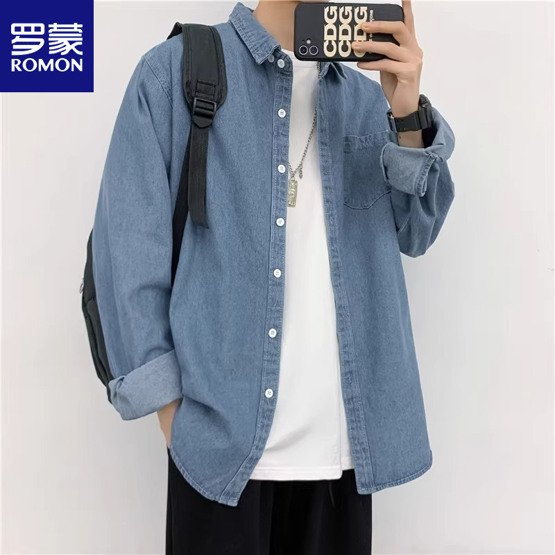 罗蒙牛仔长袖衬衫男春秋季新款潮流港风痞帅百搭衬衣男生休闲外套