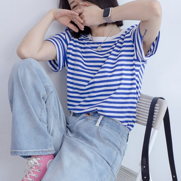 2025夏季纯棉海军蓝条纹半袖正肩短袖百搭纯棉宽松中性T恤女INS风