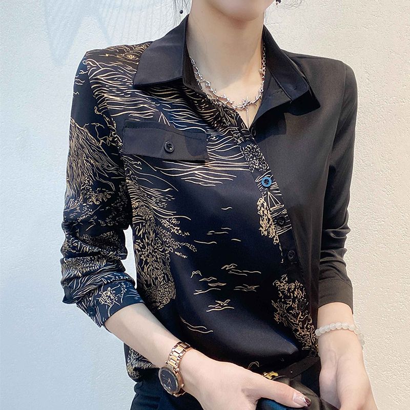 衬衫女长袖打底春秋款气质斜襟系扣小众复古高档衬衣小衫显瘦时尚