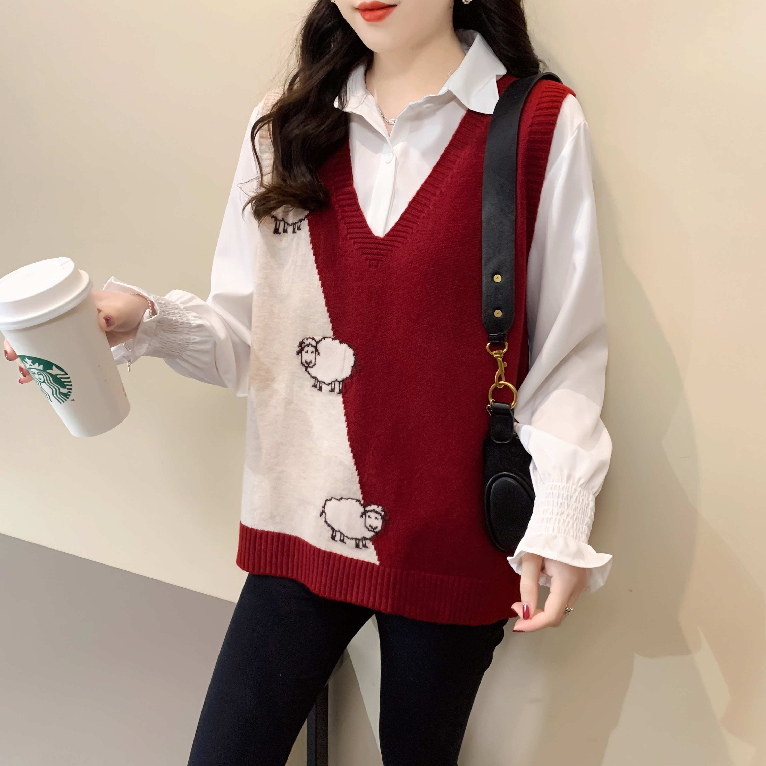 针织马甲女春秋韩版宽松洋气百搭外穿减龄女士V领套头毛衣马夹女