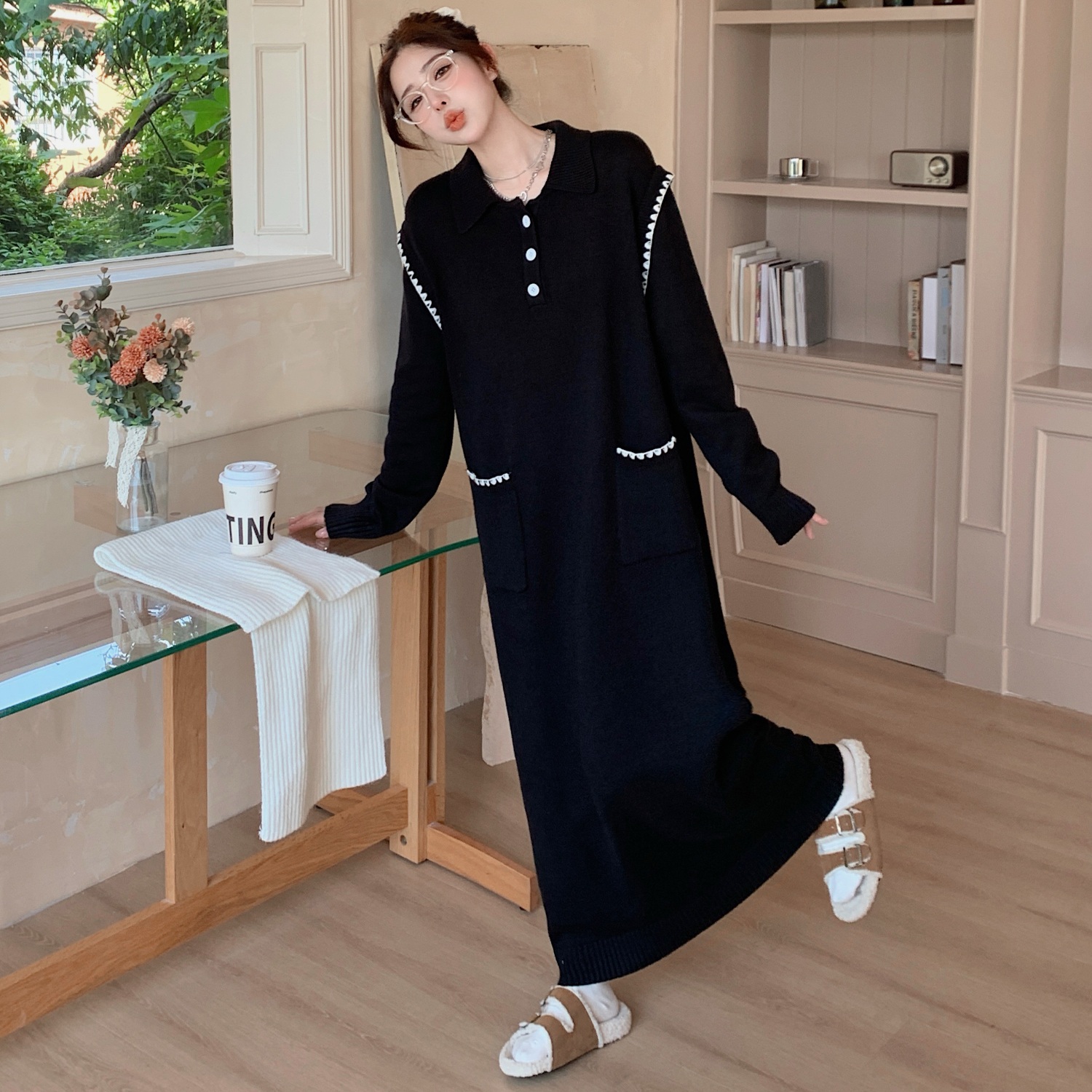 秋冬新款/法式POLO领黑色针织连衣裙女撞色毛衣长裙