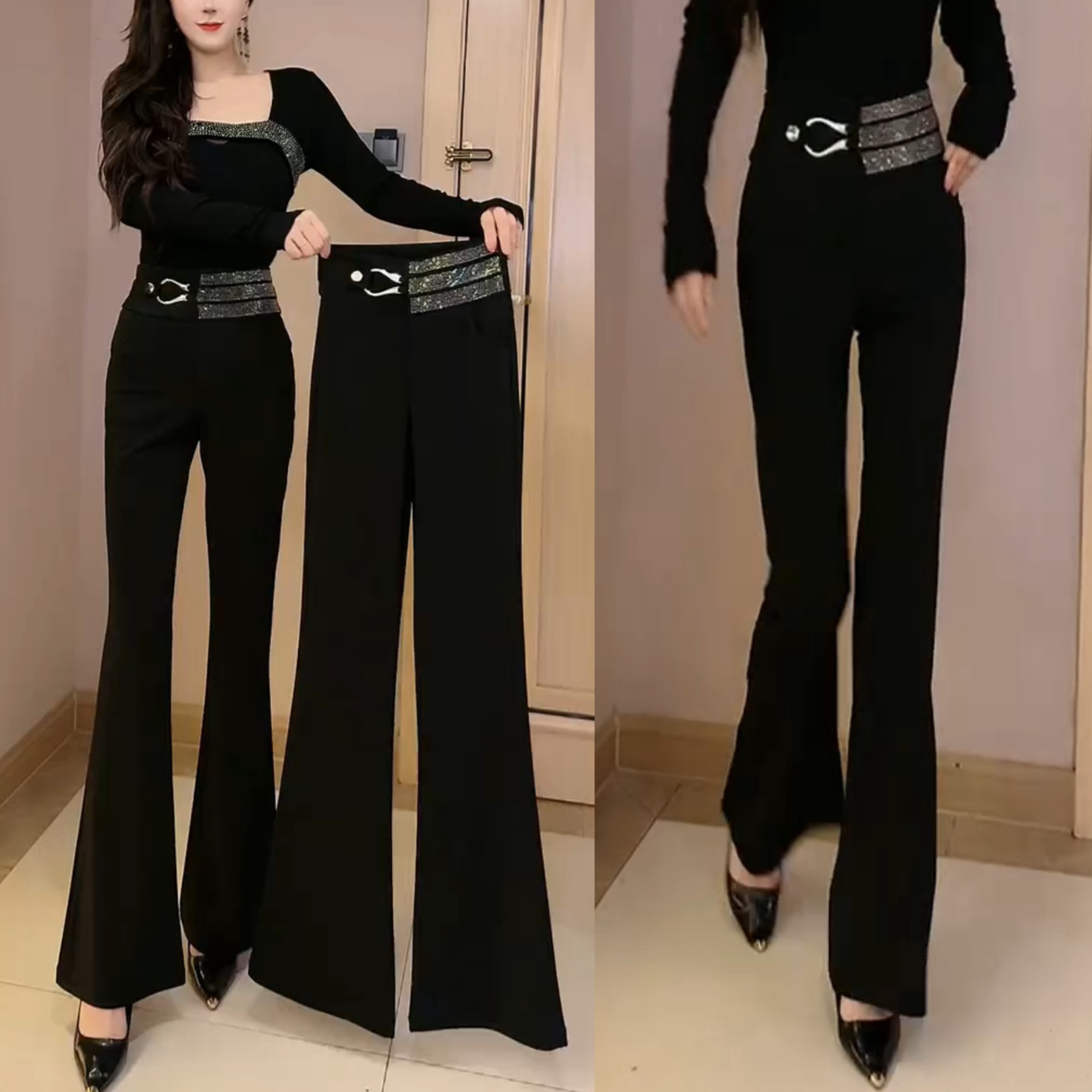 精致感时尚通勤休闲裤2026百搭烫钻高腰微喇裤垂感显瘦长裤