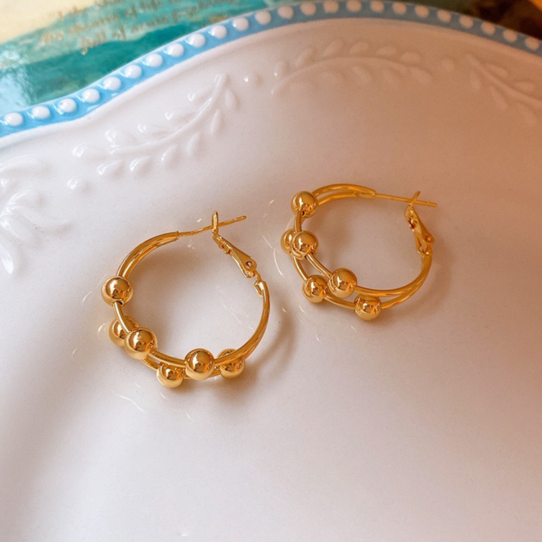 铜合金耳饰 【芳华】轻奢金属双层珠珠耳饰时尚百搭经典E0110