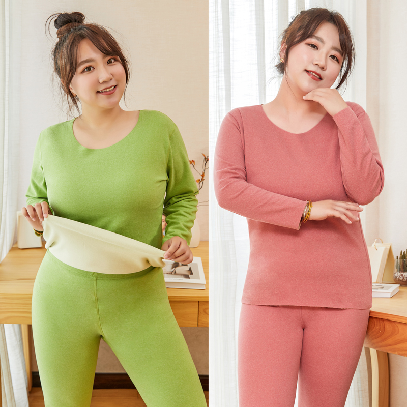 秋冬磨绒保暖内衣女双面绒加肥加大200斤胖m打底内衣套装秋衣秋裤