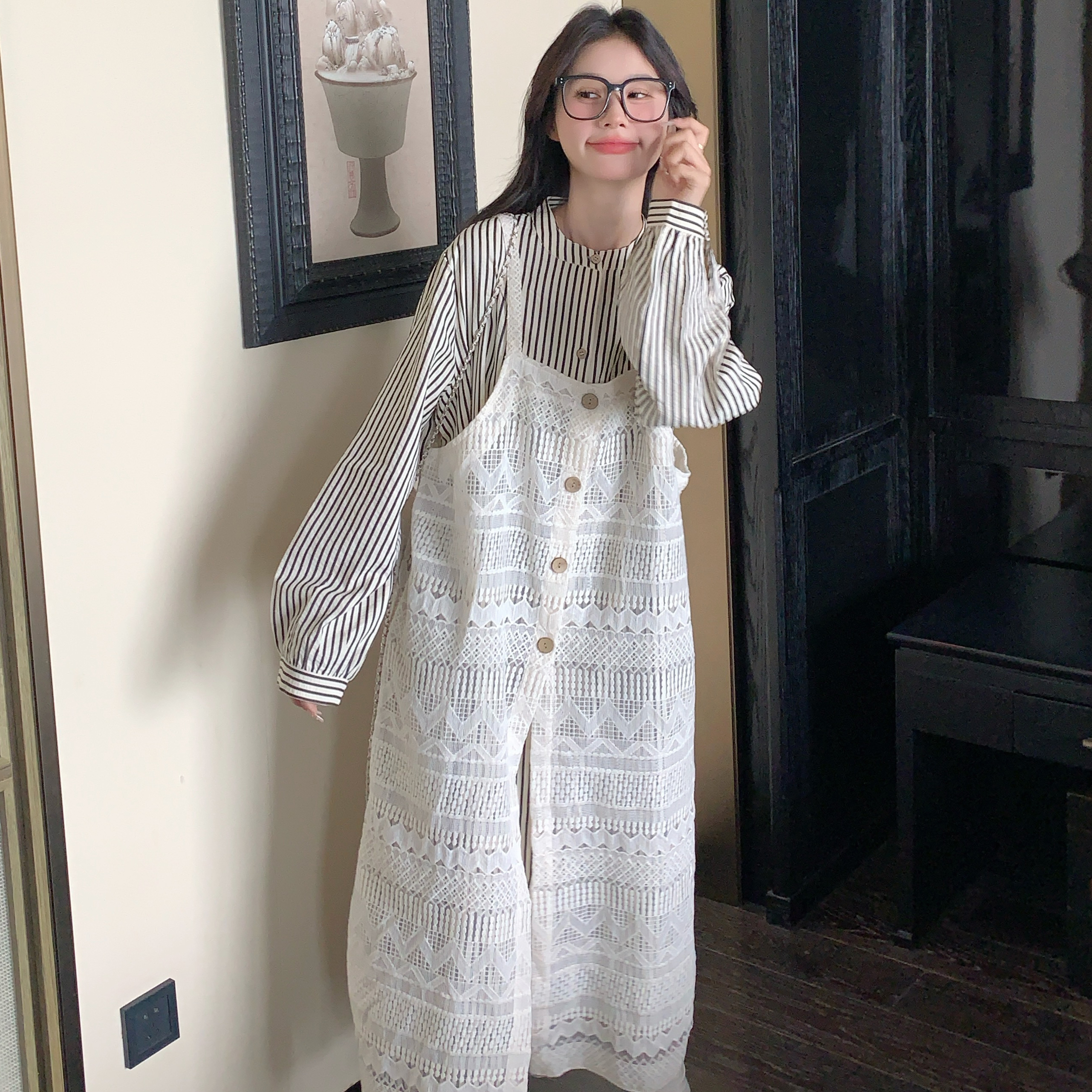 蕾丝罩衫叠穿条纹连衣裙套装女2025初秋新款小个子宽松显瘦两件套