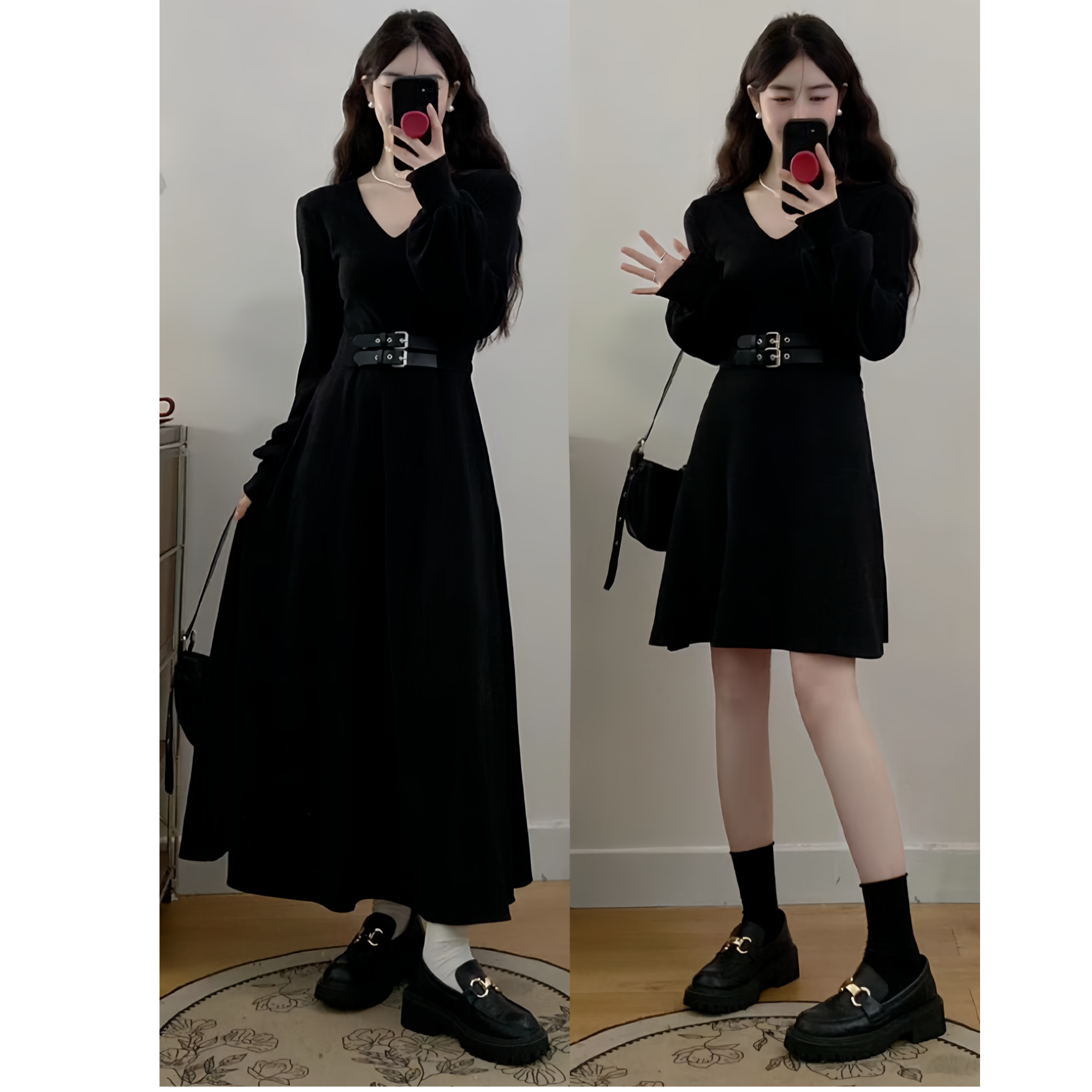 大码女装纯色v领小黑裙秋冬打底裙胖MM温柔收腰连衣裙女