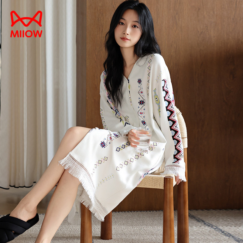 猫人睡衣女款爆款2025新款女士春秋100%纯棉睡衣家居服可外穿睡裙