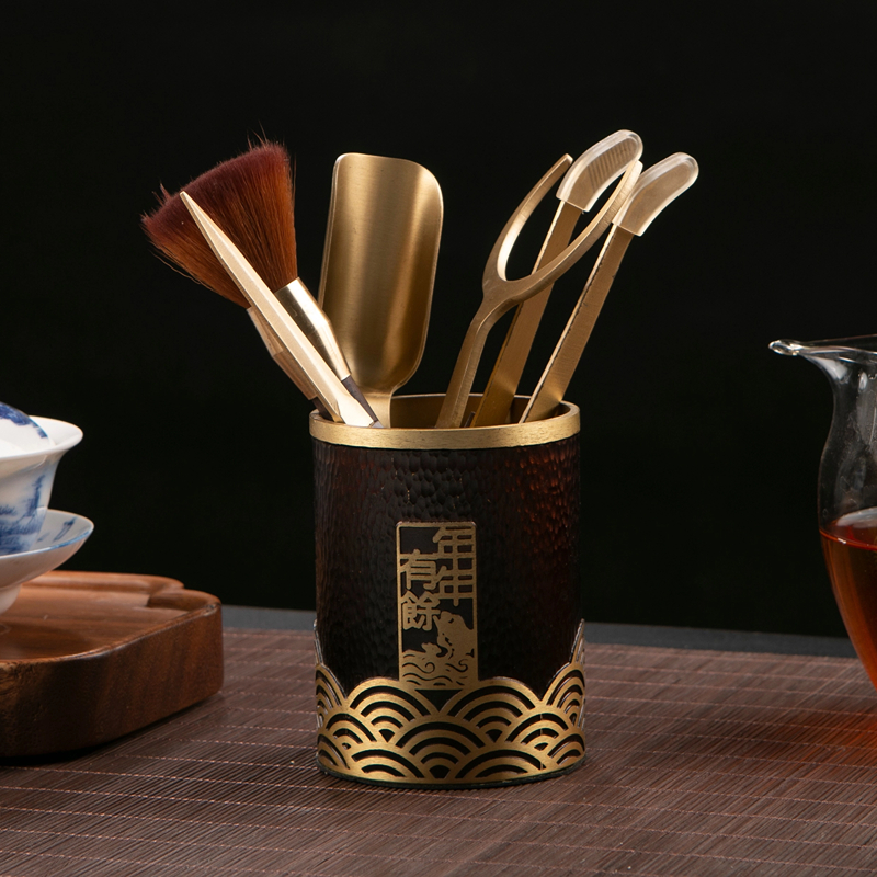 纯黄铜原木功夫茶具配件套装茶勺养壶笔茶道六君子泡茶工具轻奢