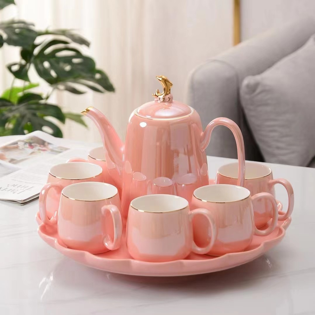 HESTIA HOME珠光釉花边旋转托盘高档水具套装一壶六杯+旋转托盘