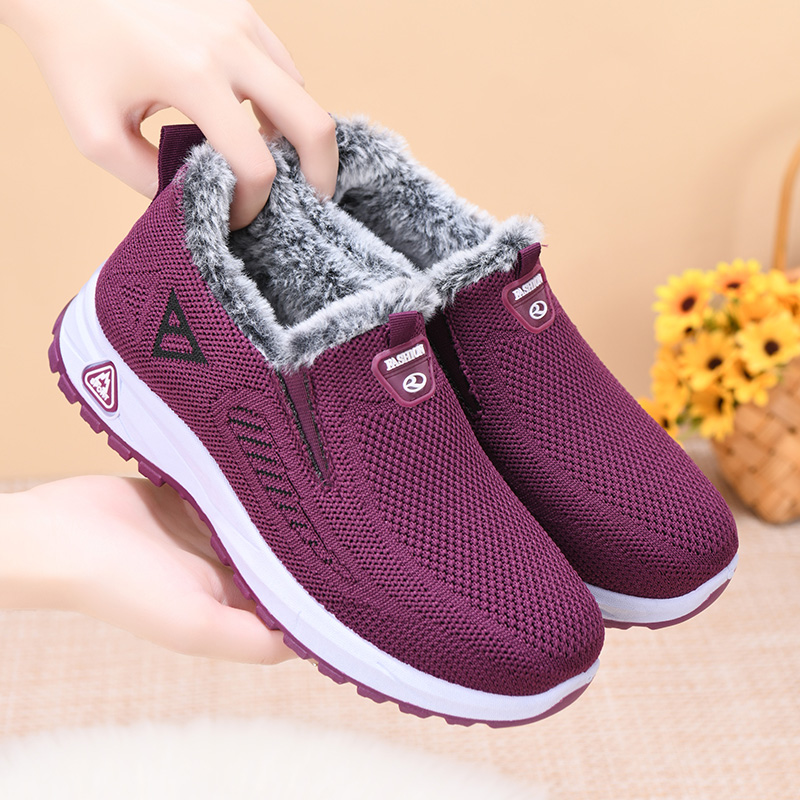 冬季老北京棉鞋飞织女加绒加厚中老年妈妈鞋一脚蹬软底防滑平底靴