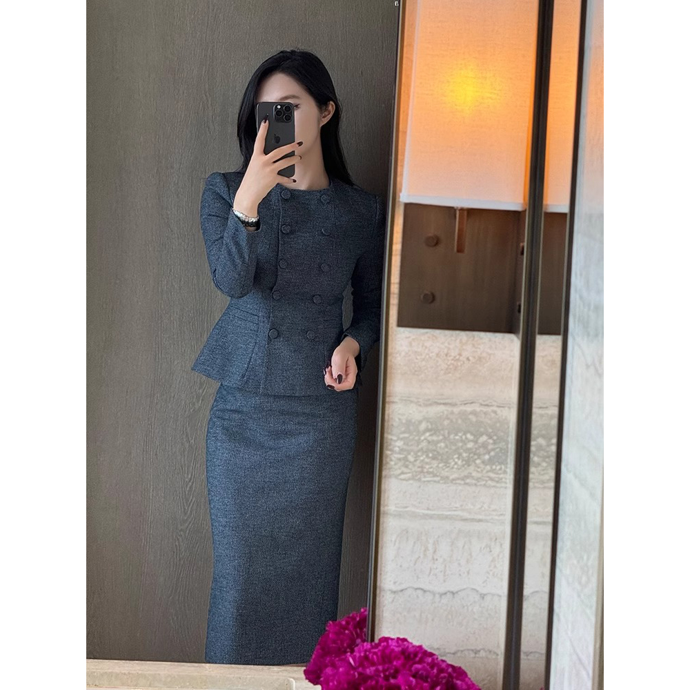 高级感秋冬季蓝灰色复古气质优雅小香风修身双排扣西装半身裙套装