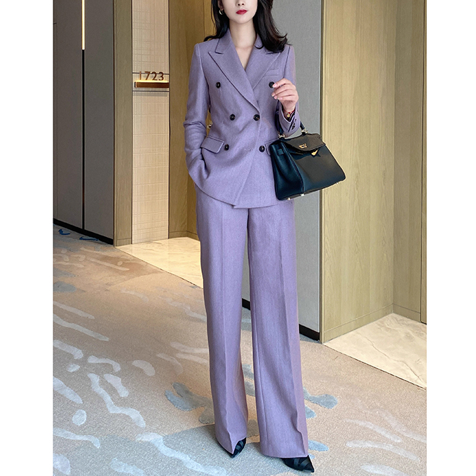 2024秋冬季高级感紫色气场全开职业通勤套装西装外套直筒裤两件套