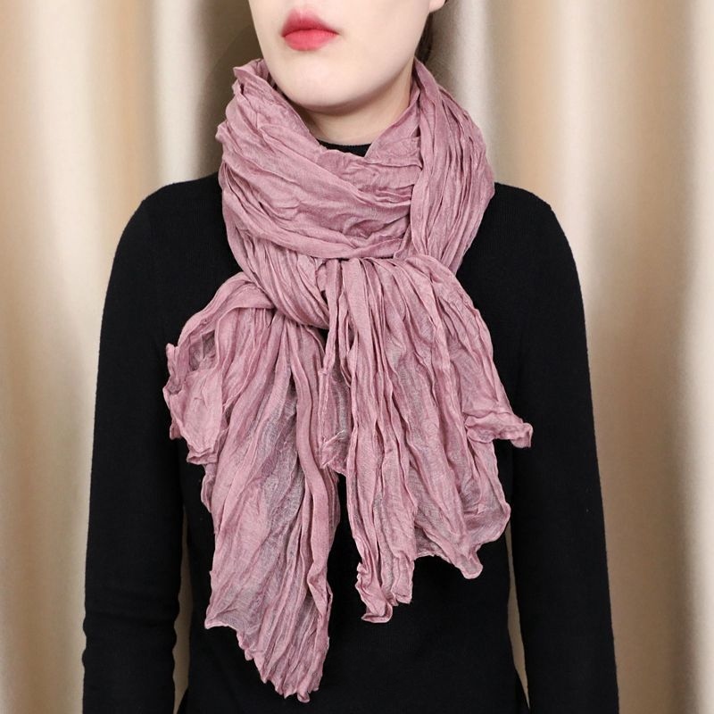 围巾褶皱长巾秋冬季保暖护颈围脖纯色棉麻百搭时尚防寒披肩丝巾