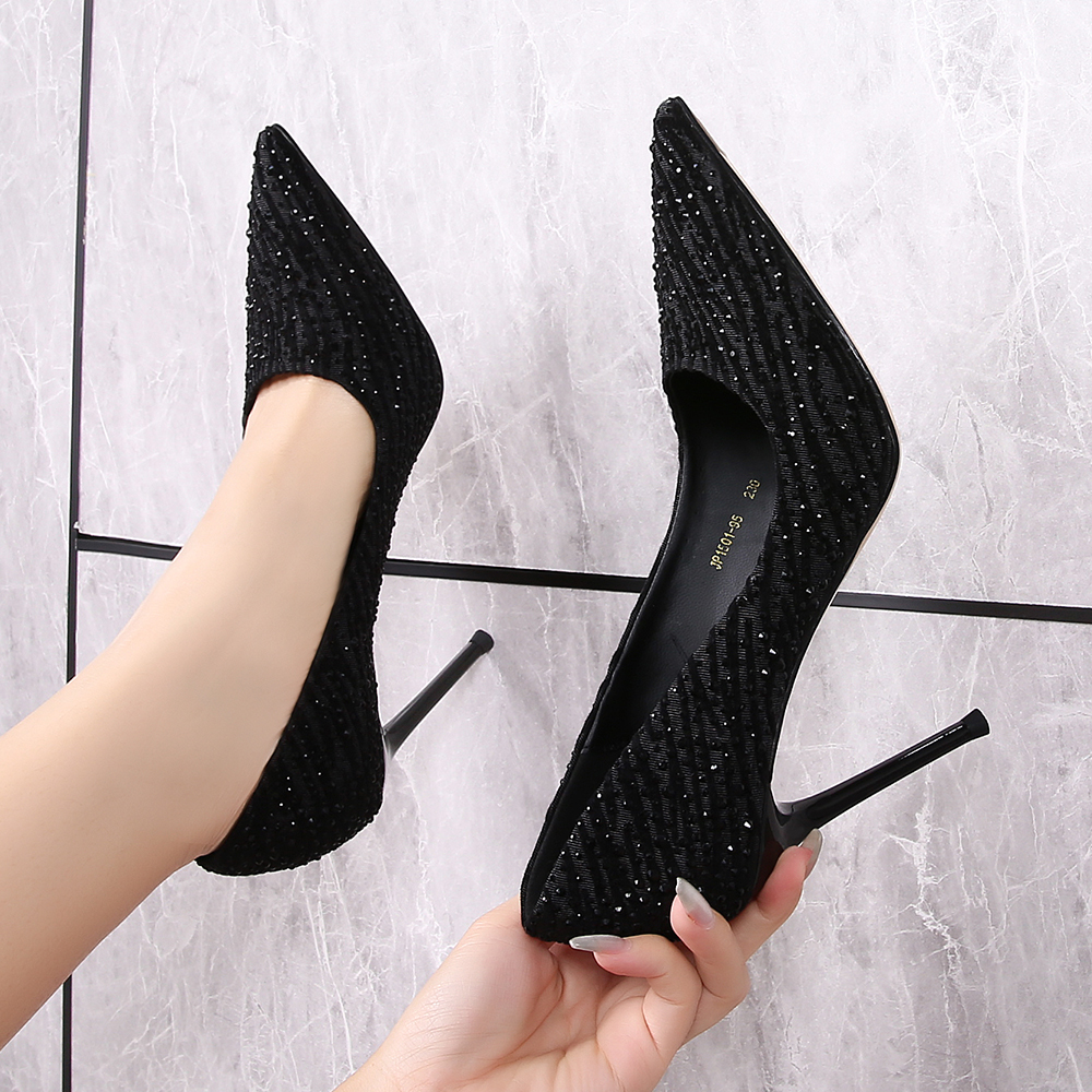 【9公分~7公分】2025时尚新款黑色浅口单鞋气质百搭尖头性感高跟鞋