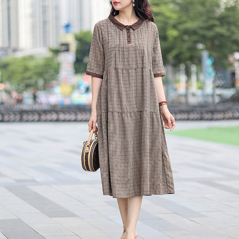 棉麻格子连衣裙夏季新款韩版妈妈洋气中长款休闲气质大码宽松裙子