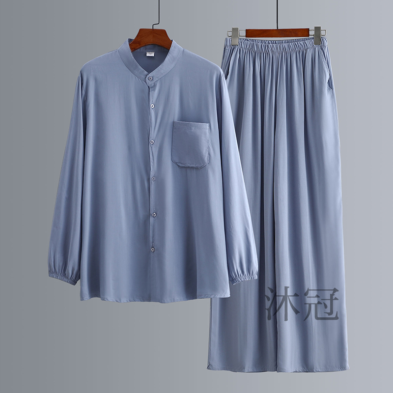 棉绸长袖开衫长裤两件套装男中老年爸爸家居上衣爷爷人造棉睡衣夏