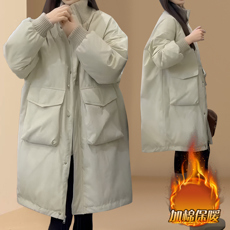 简约休闲立领中长款棉服外套女2025冬季新款宽松加厚棉衣百搭女装