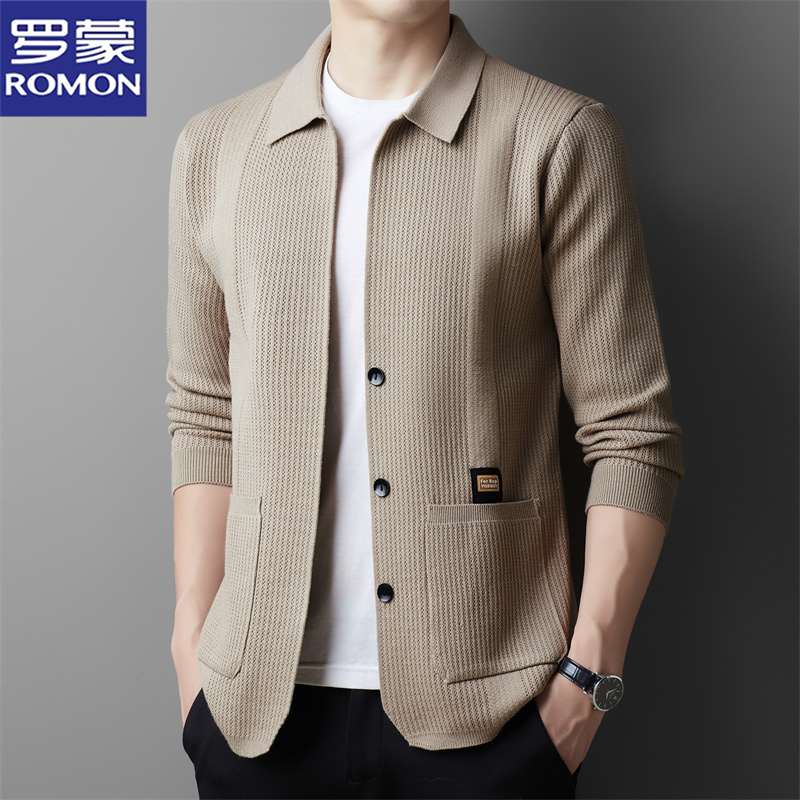 罗蒙秋季时尚百搭针织开衫男士商务休闲纯色翻领外穿毛衣休闲上衣