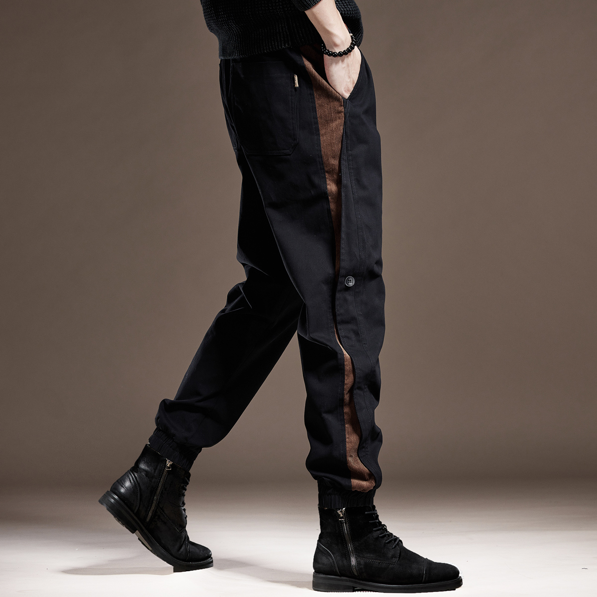 高端英伦复古拼接工装裤子男2025秋季加绒宽松大码束脚男士休闲裤