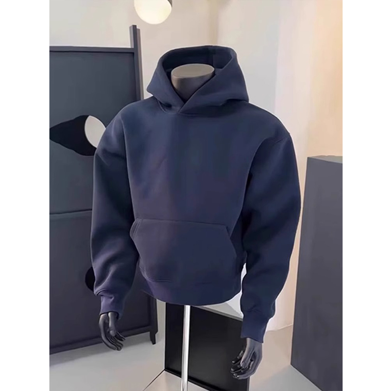 藏青色boxy重磅卫衣男春秋款高级感美式高街潮牌cleanfit连帽外套