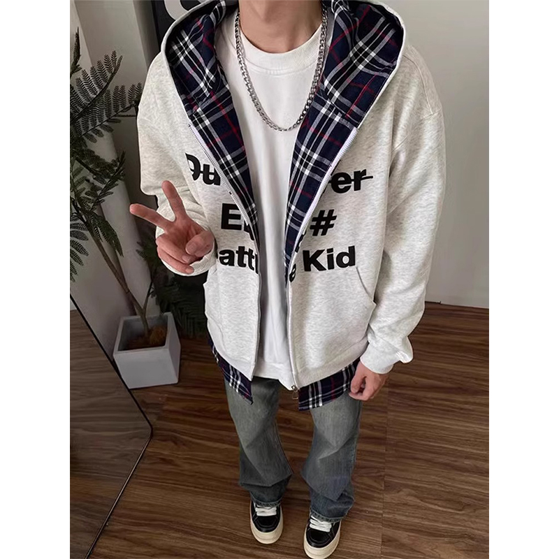 拼接格子假两件开衫卫衣男春秋款美式复古外套oversize情侣连帽衫
