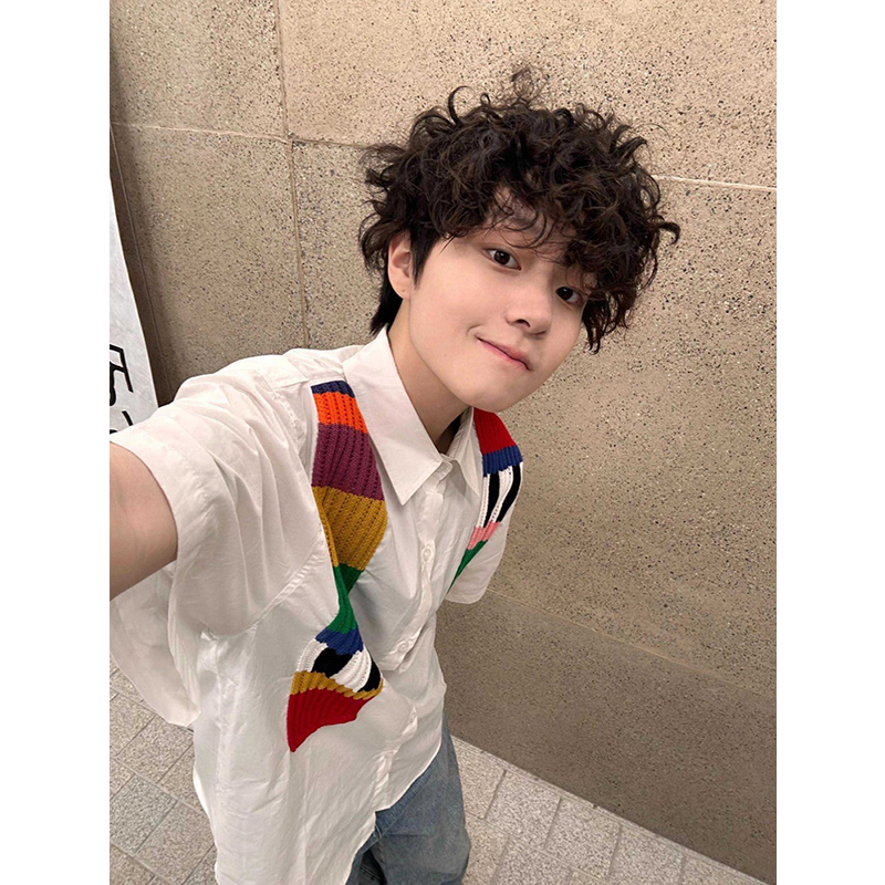 cleanfit针织彩虹条纹设计感短袖衬衫男款小众高级感衬衣ootd上衣