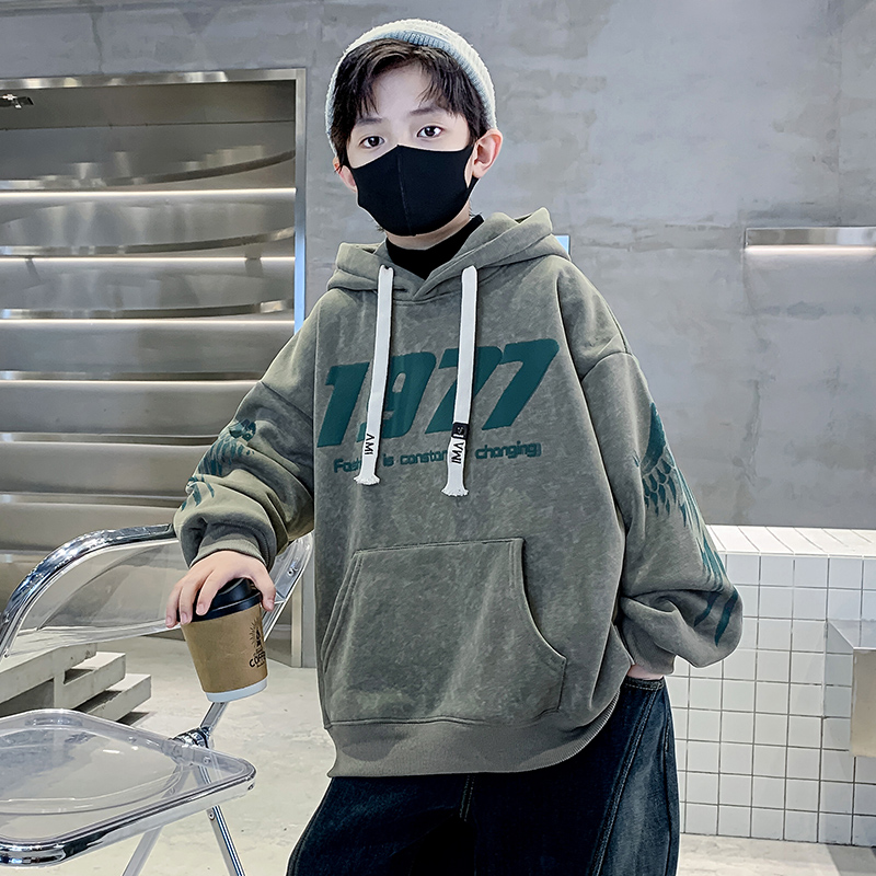 男童卫衣加绒加厚2025新款儿童休闲一体绒连帽卫衣中大童10-15岁
