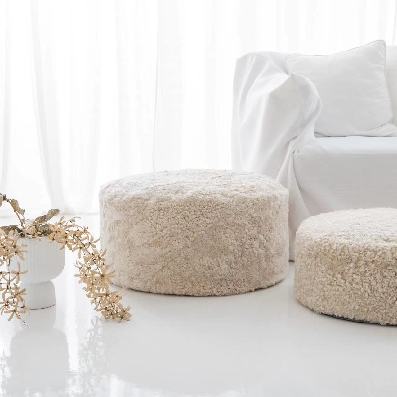 吉羊现代简约羊毛皮慵懒毛毛皮质墩子创意懒人透气圆墩沙发通用