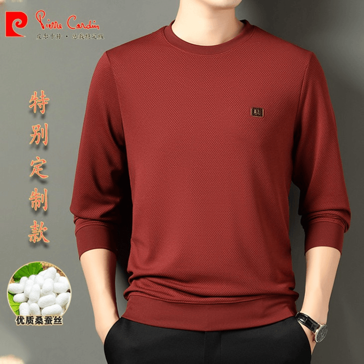 皮尔卡丹秋季新款男士桑蚕丝长袖卫衣纯色宽松圆领T恤打底衫上衣